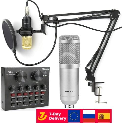 Bm 800 Microphone Studio V8 Sound Card Phantom Power Kits bm800 Condenser Microphone For PC Computer Recording Karaoke Streaming