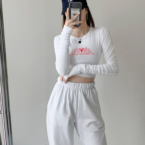 Kpop Dragon Crop Top Long Sleeve Cotton Harajuku T Shirt Aestethic Sweatshirt Women Wide Leg Sweatpant Two-piece Suits for Girls