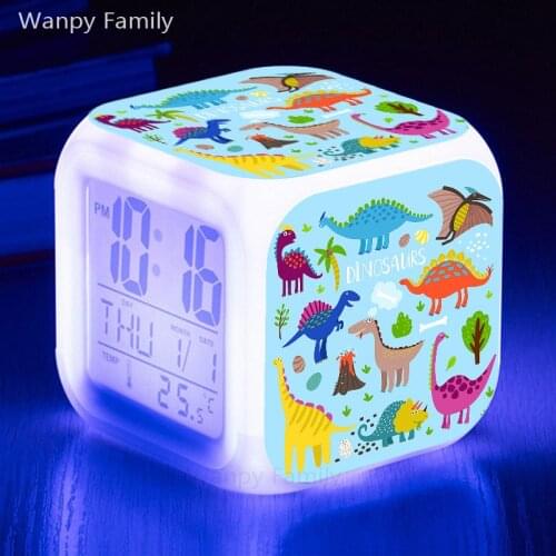 Super cute Cartoon Dinosaur Alarm Clock LED Digital Clock 7 Colorful Glowing Light Night Kids Bedside Table Clock Kids Gift
