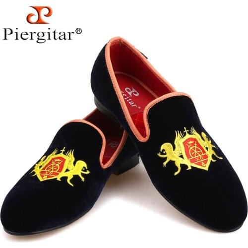 Refinement Embroidery Navy Upper Gold Outsole Velvet Shoes Men Loafers Smoking Slipper Men Flats size US 4-14 Free shipping