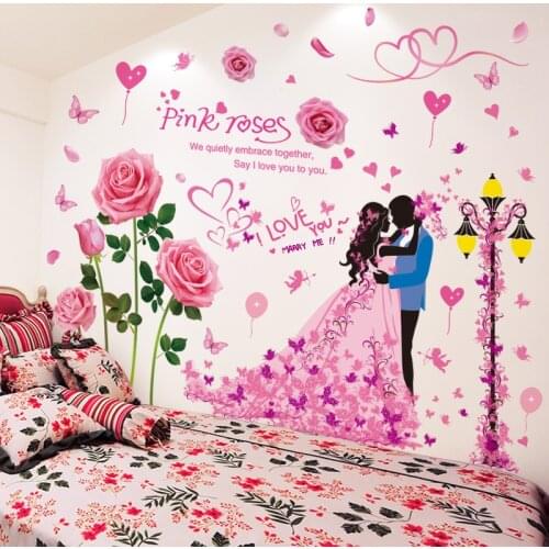 [shijuekongjian] Pink Color Roses Flowers Wall Stickers DIY Street Light Couples Wall Decals for Bedroom Wedding Decoration