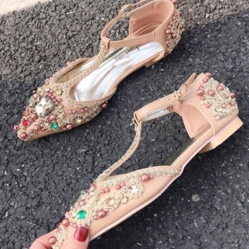 New Fashion Crystal Embellisehd Flat Shoe 2020 Sexy Pointed Toe Woman Wedding Shoe T-strap Rhinestones Dress Shoe