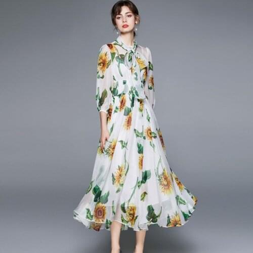 New Chiffon Dress Women Summer 2021 Fashion Lacing Scarf Collar Elastic Waist Sunflower Print Loose Long Dress