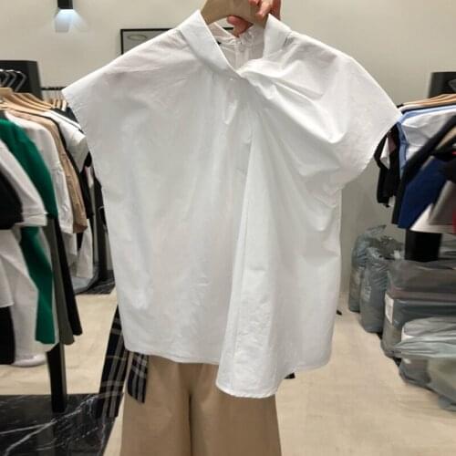 Pleated Asymmetrical Solid Women Blouse Summer New 2021 O-Neck Batwing Sleeved Solid Loose Elegant Office Lady Pulls Tops Tees