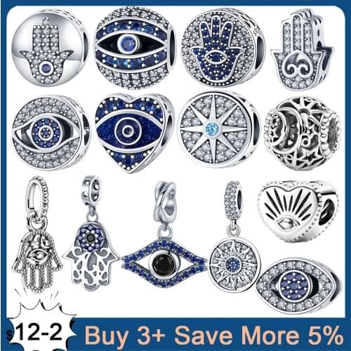 Genuine 925 Sterling Silver Charm All Seeing Eye Hamsa Hand Beads Fit Original Pandora Bracelet Jewelry Making DIY Women Gift