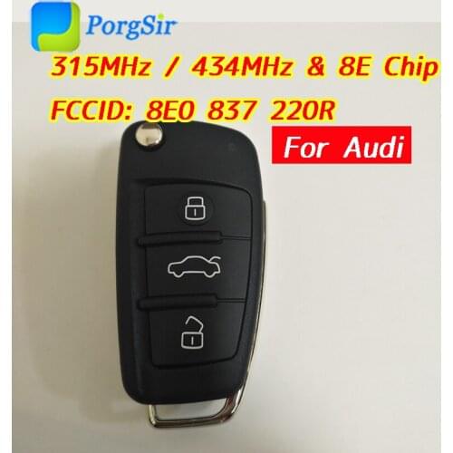 3 Button 315MHz 434 MHz Flip Remote Control Key for Audi with ID8E Chip With HU66 Blade FCCID: 8E0 837 220R / 8E0 837 220