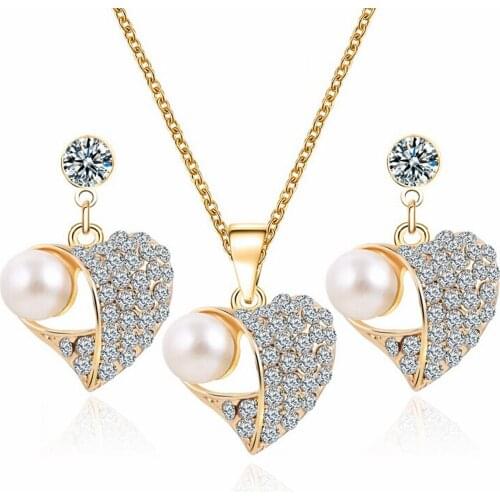 Romantic Heart Pattern Crystal Earrings Necklace Set Gold Color Chain Simulated Pearl Jewelry Sets Wedding Jewelry For Women