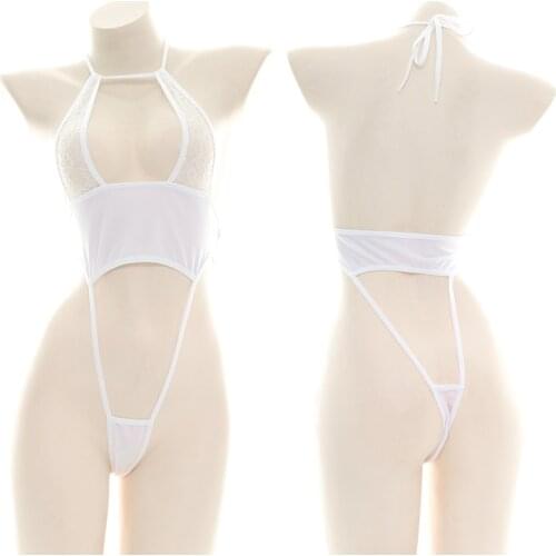 Sexy Lolita Girl High Slit Half Open Chest Lace Swimsuit One Piece Pajamas Sukumizu Private Bodysuit White Underwear Swimwear