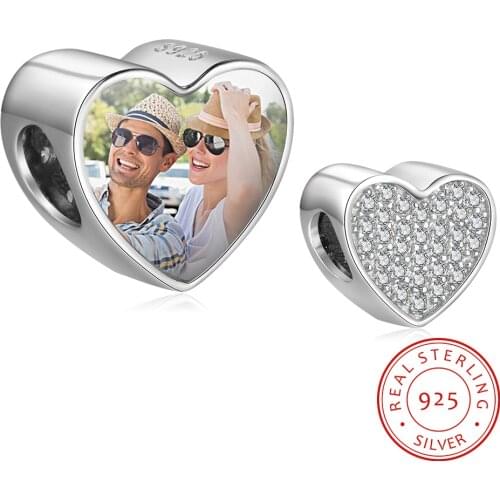 Personalized 925 Sterling Silver Custom Heart Photo Charm Beads With Cubic Zirconia Fit For Bracelets Women DIY Jewelry
