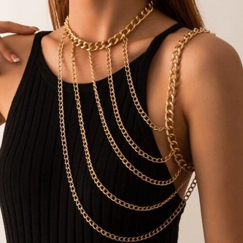 DIEZI Vintage Gold Silver Color Body Chain Jewelry Women Multilayer Punk Sexy Beach Bikini Harness Link Chain Necklace For Women
