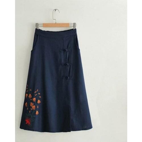 New Folk Style Women a Line Skirt Elastic Waist Vintage Embroidery Cotton Linen Long Skirt Button Design Green Midi Skirt