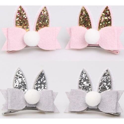 2 pcs/lot, 2020 Easter Bunny Bow Clips, Glitter Bunny Ears Hair Clips, Felt Cat Ears Barrettes Baby Girls Hair Accessories