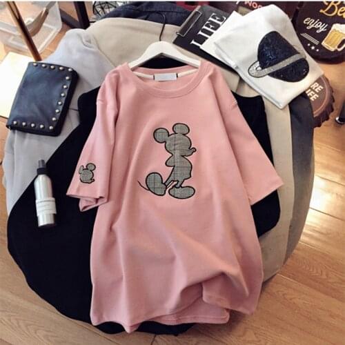 Disney Women clothing couple fashion Mickey mouse cartoon letter printing O-neck short-sleeved cute mouse womens loose T-shirt