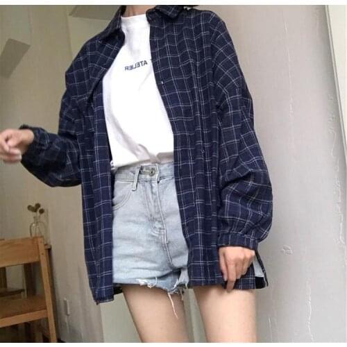 2020 Spring New Women Long Sleeve Plaid Cotton Blouse Shirts Casual Loose Office Shirts Tops