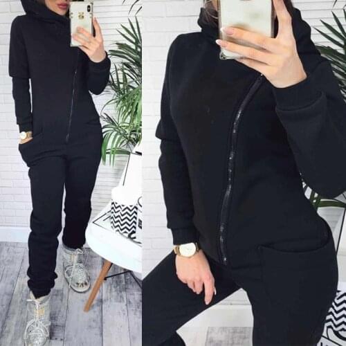 Hooded Jumpsuit For Women Fleece Zipper Pocket Long Sleeve Rompers Solid Warm 2021 Spring Fashion