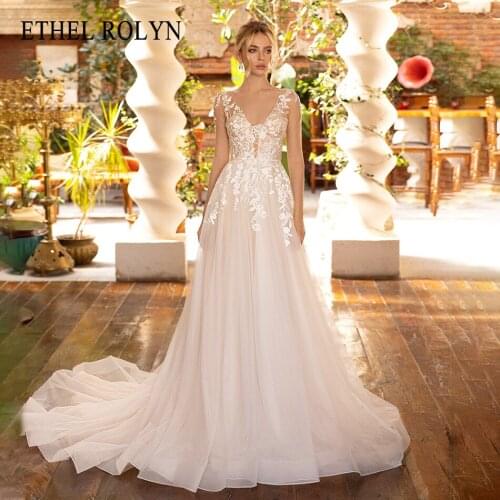 ETHEL ROLYN A-Line Wedding Dress 2021 Charming V-Neck Long Sleeve Bride Semi-Transparent Appliques Flowy Tulle Bridal Gown
