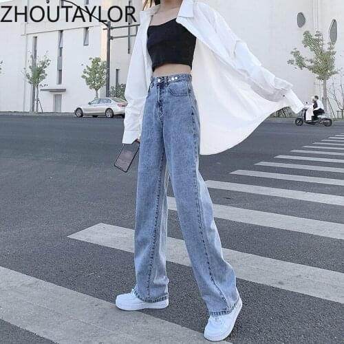 ZHOUTAYLOR Jeans Woman Fashion High Waisted Button Straight Full Length Loose Pants Femme Casual Autumn New Bottoms Female