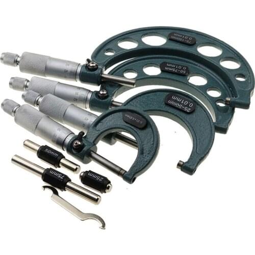 4PCS/Set Outside Micrometer Machinist Tool Set 0-25mm/25-50mm/50-75m/75-100m, 0.01mm Accuracy, Precision Scale with Carbide Tips