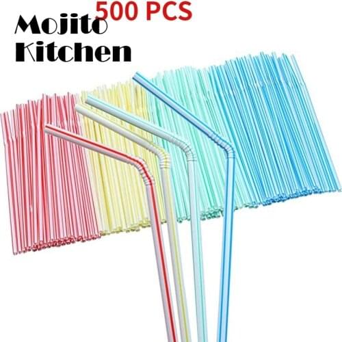 500 Pcs Disposable Plastic Drinking Straws Multi-Colored Striped Bendable Elbow Party Event Alike Supplies Color Random
