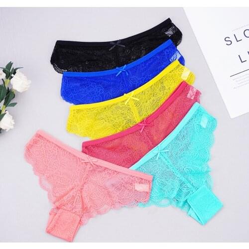 6 Pcs Lots Underwear Women Whollesale Sexy Lingerie Femme Full Lace Solid Color Cotton Panties with Bow Hollow Out Lady Briefs
