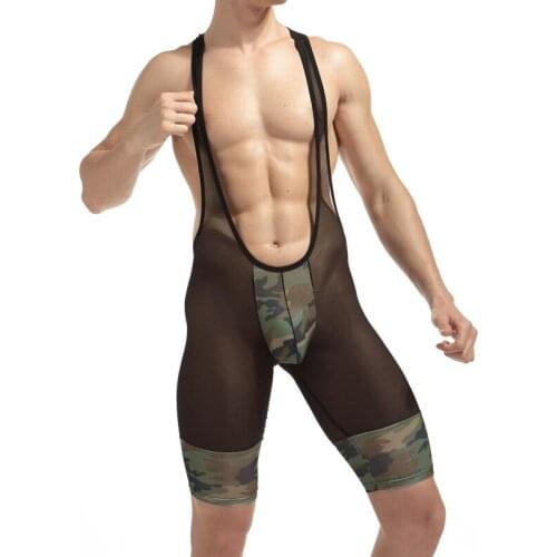 See-Through Mesh Men Bodysuit Tops Camouflage One-Piece Undershirts Leotard Men Wrestling Tights Jumpsuit Boxer Shorts Underwear