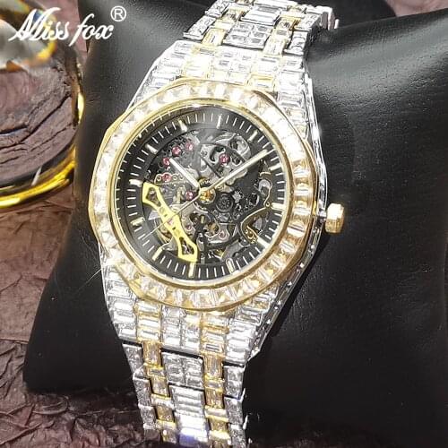 Hip Hop MISSFOX Automatic Mechanical Men Watches Full Square Diamond Diver Bling Watch Tourbillon AAA Clocks Relógio Masculino