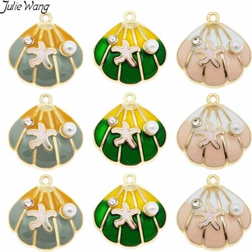 Julie Wang 9pcs/lot Fashion Enamel Shell shape imitation Peral inlay Alloy Charms pendant For necklace Making DIY Accessories