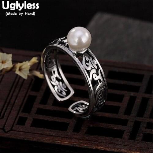 Uglyless Hollow Six Words Mantra Rings for Female Buddhists Nature Pearl Open Ring 925 Silver Buddhistic Gifts Religious Jewelry