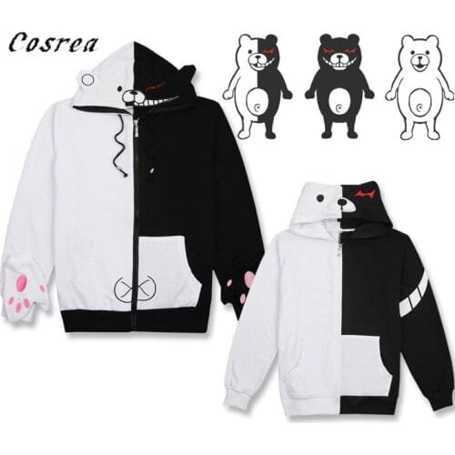 Anime Danganronpa Monokuma Cosplay Costume Unisex Hoodie Sweatshirt Hooded Black White Bear Long Sleeve daily casual coat Jacket