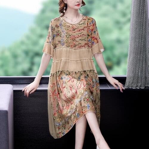 Summer Elegant Floral Embroidery Loose Midi Dresses 2021 Vintage 4XL Plus Size Mulberry Silk Dress Women Bodycon Party Vestidos