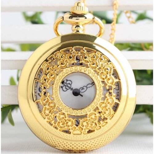 New Fashion quartz golden Hollow out flowers Flip clock woman jewelry Necklace pocket watches gift