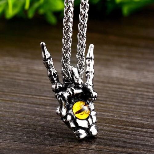 Rock Hand Gesture With Evil Eye Pendant Necklace Stainless Steel Punk Skeleton Rock&Roll Hand Chain Necklaces Jewelry For Men