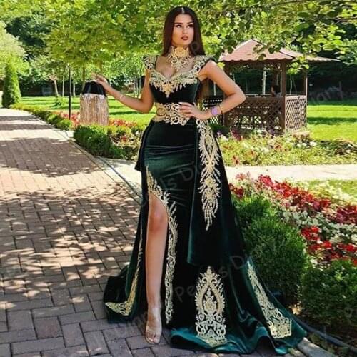 Two Pieces Green Morocco Kaftan Prom Dress Saudi Arabic Evening Dress with Detachable Skirt Mermaid Velvet Formal Party Gowns