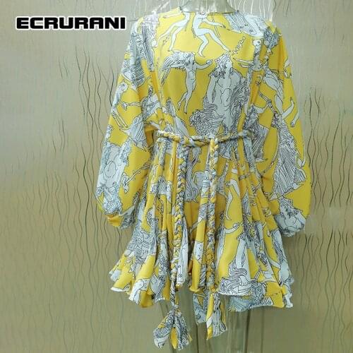 ECRURANI Print Lace Up Ruched Dress For Women O Neck Lantern Long Sleeve High Waist Print Mini Dresses Females New Clothing 2021
