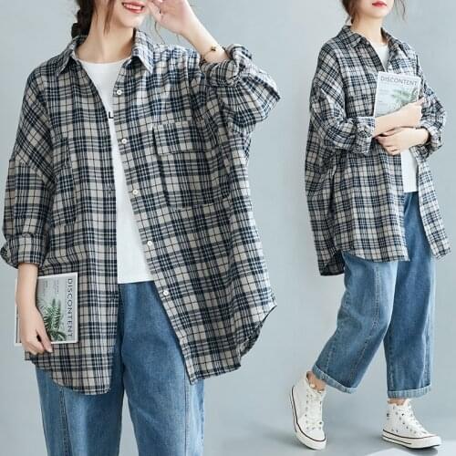 Shirts Women Plaid Pockets Long-sleeved Cardigan Loose Cotton Female Spring Autumn Casual Tops