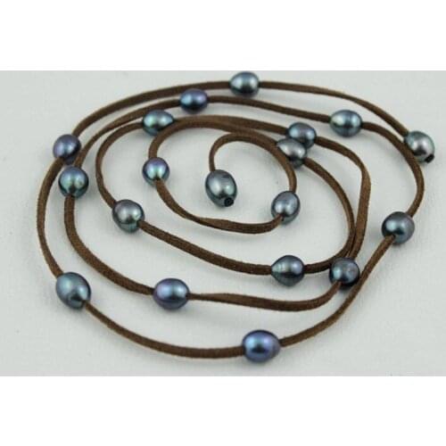 Handmade light Brown Leather long necklace Black Freshwater pearl 48INCH 10x12mm Fashion Jewelry