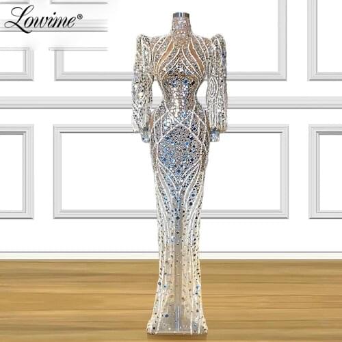 Silver Crystals Dubai Evening Dresses Vestidos De Fiesta Long Sleeves Arabic Celebrity Party Dresses 2021 Customized Prom Gowns