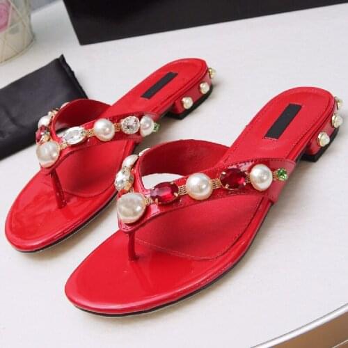 Red Black Satin Slippers Women Crystal Bowknot Flip Flops Summer Shoes Woman Luxury Jewelled Flat Mules Shoes New Women Slides