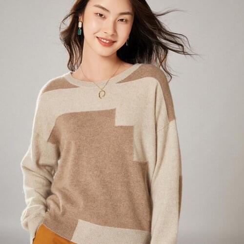 Womens woolen sweaters autumn and winter warmth and leisure loose color matching sweater pullover knit bottoming shirt