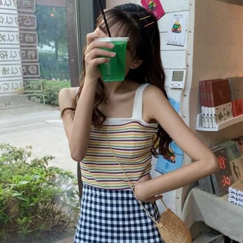 Tanks Women Top Strap Panelled Striped Knitwear Crop Tops Slim Korean Style Camisole Slim Cute Daily Fitness Womens Clothing