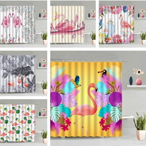 Tropical Animal Flamingo Shower Curtain Cartoon Flower Bird Plant Wall Hanging Curtains Children Bathroom Waterproof Home Decor