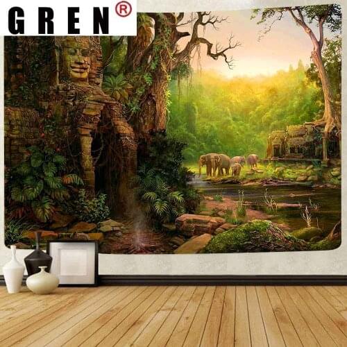 GREN Tropical Rainforest Tapestry Animal Elephant Dinosaur Forest Wall Hanging Backdrop Background Living Room Bedroom Home Deco