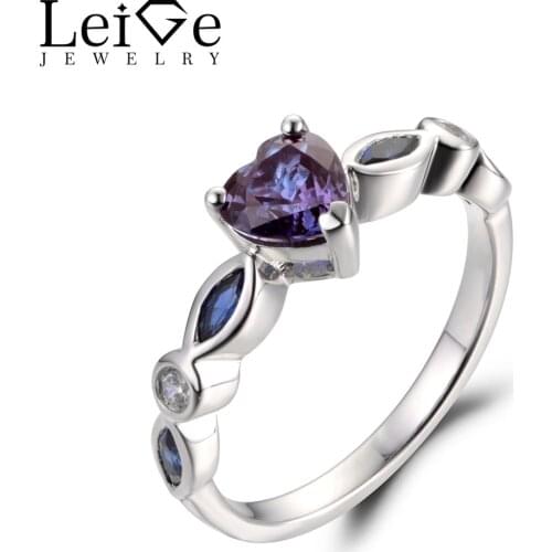LeiGe Jewelry Heart Shape Alexandrite Rings Wedding Rings June Birthstone Color Changing Gems 925 Sterling Silver Romantic Gifts