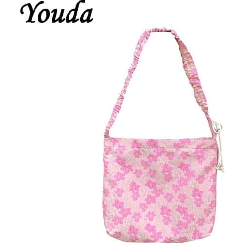 Vintage Korean Handbag Pink Lady Shoulder bag Jacquard Puff Flowers Women 2021 New Lady Messenger Phone Bag Daily Shopping