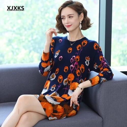 XJXKS 2021 autumn winter new loose plus size wool knitted long sweater women pullover comfortable women printed dress