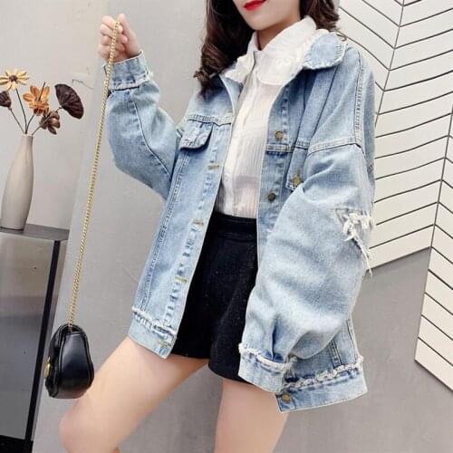 Fall Denim Wash FrayedCoat Women Long Slleve Jean Jacket 2021 New BF Style Casual Loose Denim Jackets Soild Oversize Outerwear