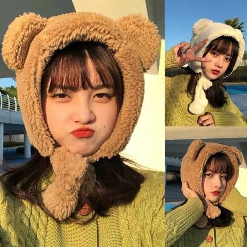 Women Thicken Plush Warm Earflap Hat Bear Ears Windproof Beanie Cap Chin Strap
