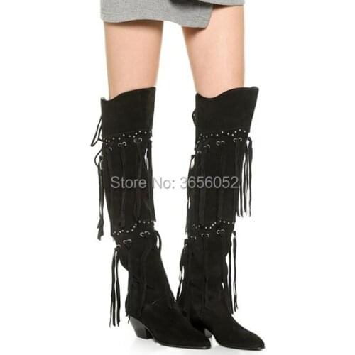 Botas Mujer 2018 Autumn Tassel Shoes Woman Pointed Toe Mid Block Heel Riding Boots Women Back Lace-up Suede Black Fringe Boots