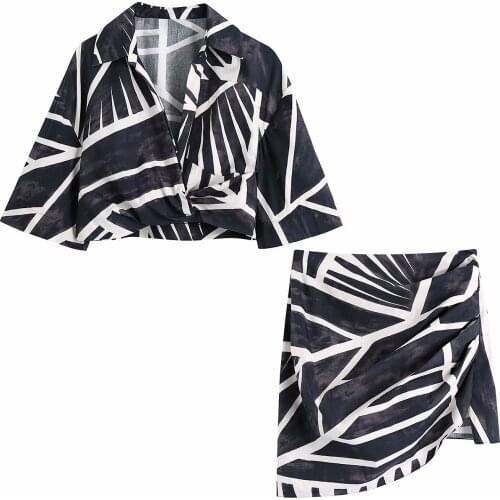 2021 New Women Two Piece Set Chic Printed Cropped Shirt and Pleated Mini Skirt Casual Fashion Summer Women Outfit Dress Sets