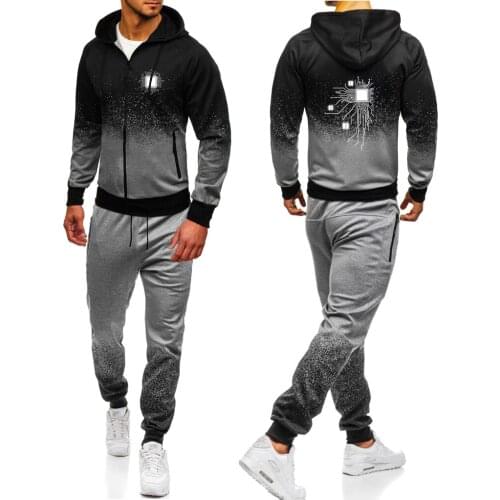 2021 Computer CPU Core Heart Print Mens Zip Jackets Sports Suits GEEK Nerd Freak Hacker PC Gamer Gradient Hoodies Sweatpant Set